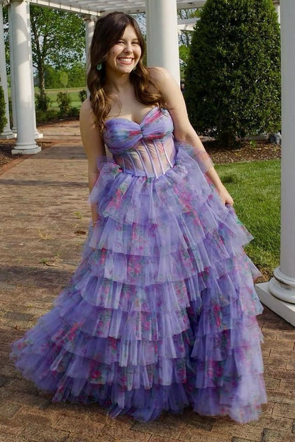 Sweetheart Strapless Tulle A-Line Floral Tiered Party Prom Dress