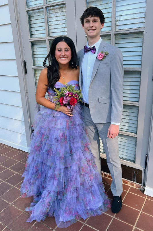 Sweetheart Strapless Tulle A-Line Floral Tiered Party Prom Dress