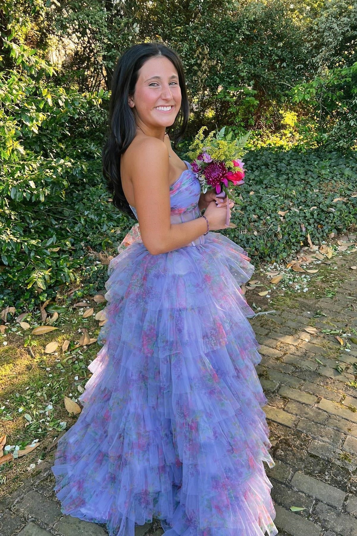Sweetheart Strapless Tulle A-Line Floral Tiered Party Prom Dress