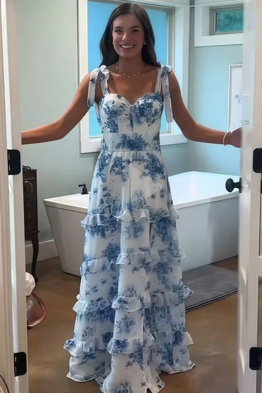 Sweetheart Straps A-Line Ruffled Floral Party Prom Dress