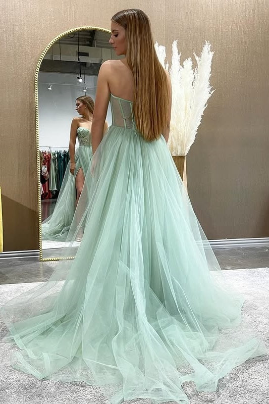 Tulle A-Line Empire Appliques Party Prom Dress With Slit