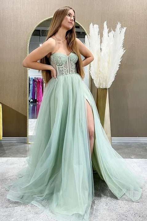 Tulle A-Line Empire Appliques Party Prom Dress With Slit