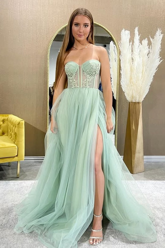 Tulle A-Line Empire Appliques Party Prom Dress With Slit