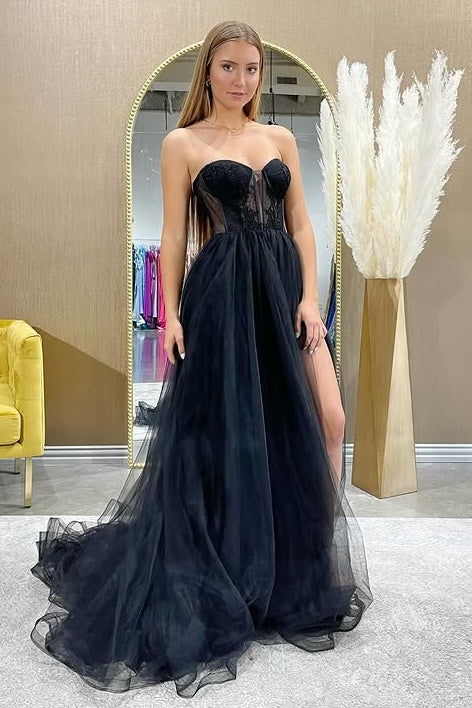 Tulle A-Line Empire Appliques Party Prom Dress With Slit