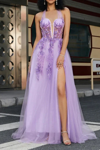 Tulle A-Line Halter Sleeveless With Side Slit Prom Gown