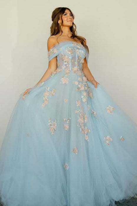 Tulle A-Line Off-Shoulder Floral Appliques Party Prom Dress