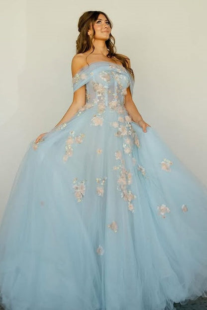 Tulle A-Line Off-Shoulder Floral Appliques Party Prom Dress