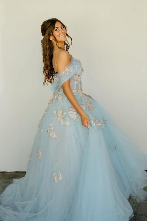 Tulle A-Line Off-Shoulder Floral Appliques Party Prom Dress