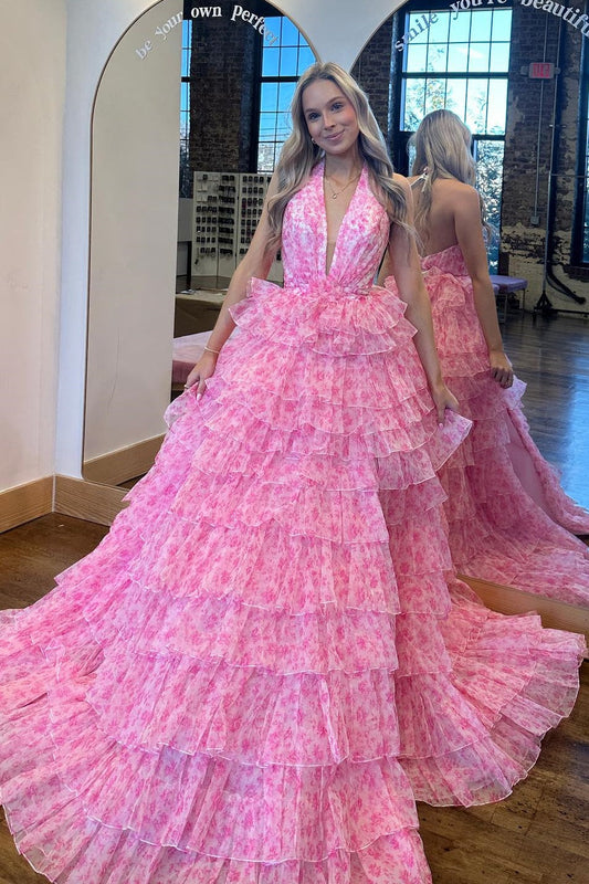 V-Neck Halter Backless Empire Tulle A-Line Tiered Party Prom Dress