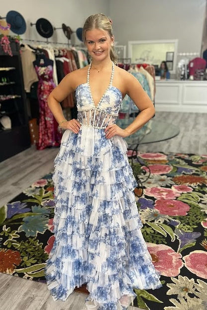 V-Neck Halter Backless Tulle A-Line Tiered Party Prom Dress