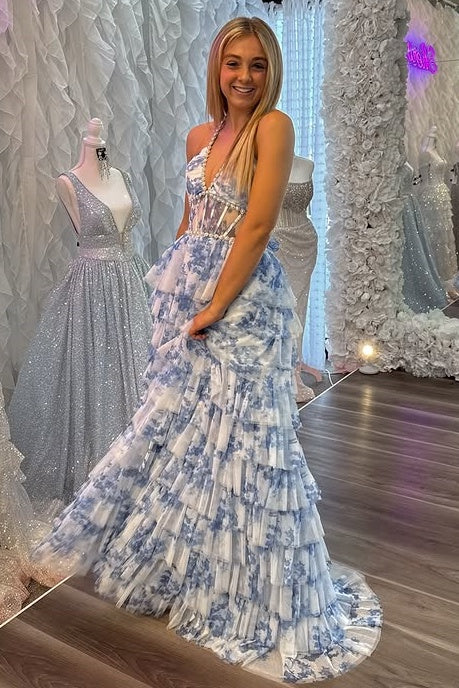 V-Neck Halter Backless Tulle A-Line Tiered Party Prom Dress