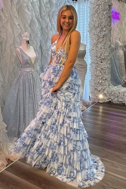 V-Neck Halter Backless Tulle A-Line Tiered Party Prom Dress