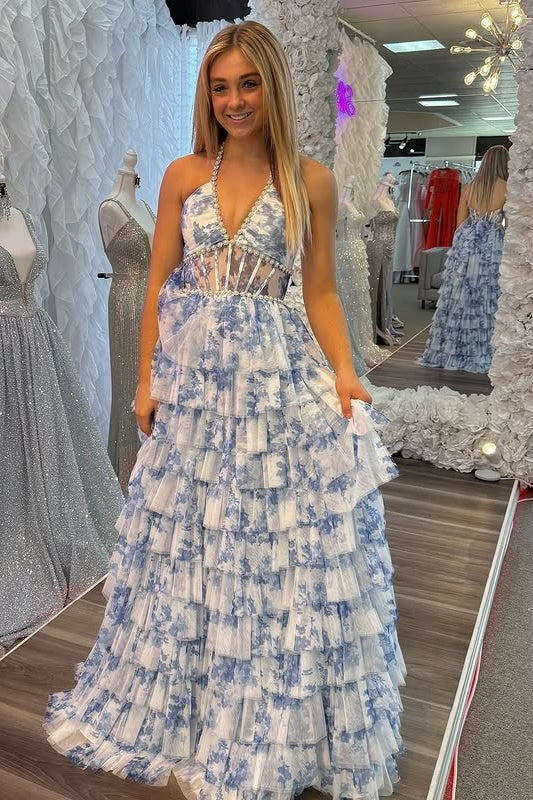 V-Neck Halter Backless Tulle A-Line Tiered Party Prom Dress