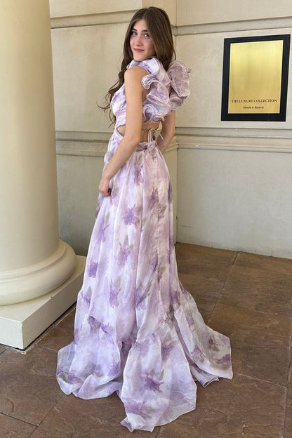 V-Neck Ruffled Straps Lace Up Chiffon A-Line Party Prom Dress