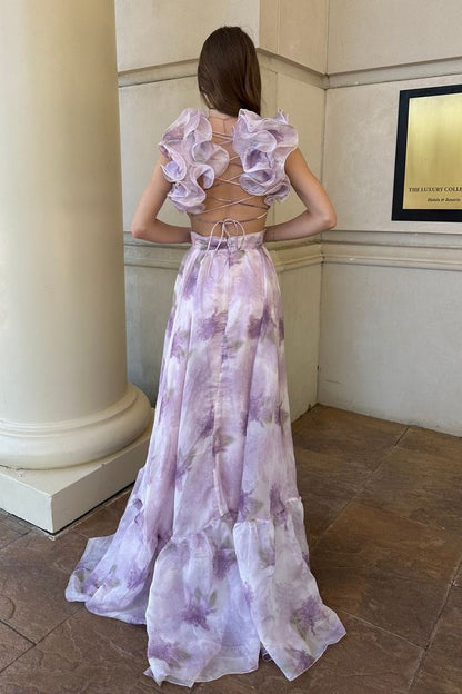 V-Neck Ruffled Straps Lace Up Chiffon A-Line Party Prom Dress