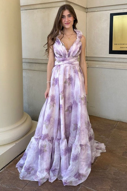 V-Neck Ruffled Straps Lace Up Chiffon A-Line Party Prom Dress