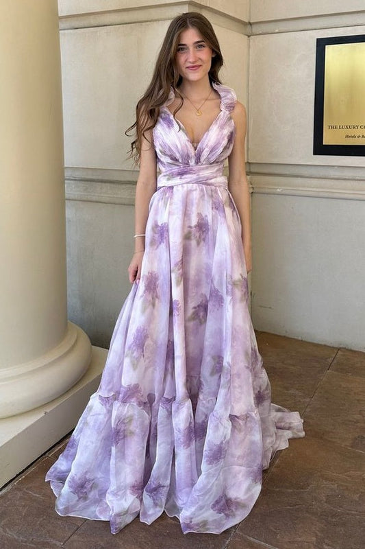 V-Neck Ruffled Straps Lace Up Chiffon A-Line Party Prom Dress