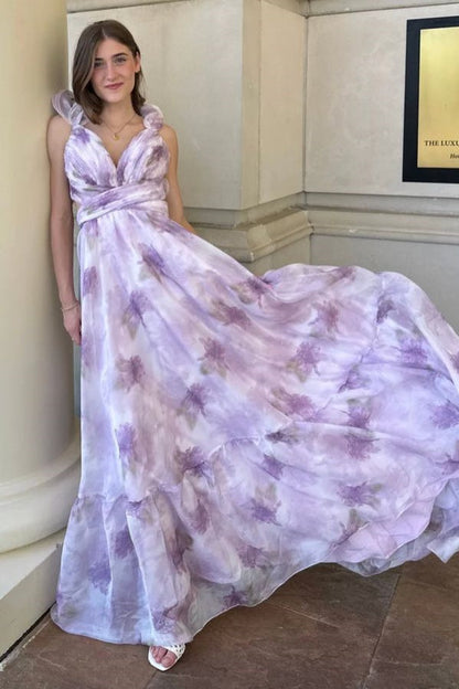 V-Neck Ruffled Straps Lace Up Chiffon A-Line Party Prom Dress