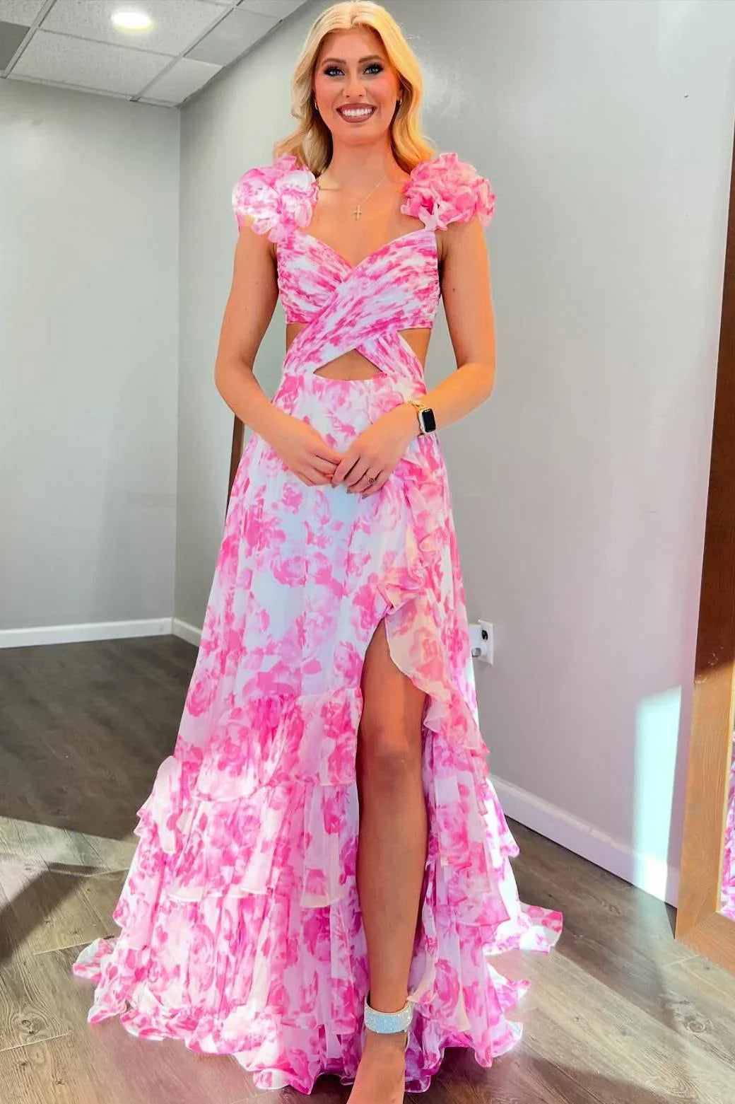 V-Neck Sleeveless A-Line Empire Ruffled Party Prom Dress