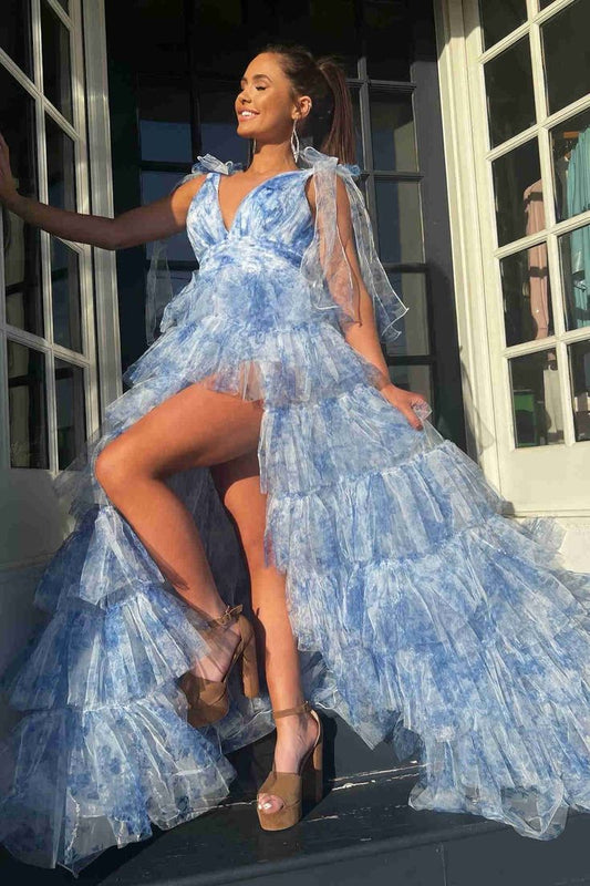 V-Neck Straps Tulle A-Line Tiered Party Prom Dress With Slit