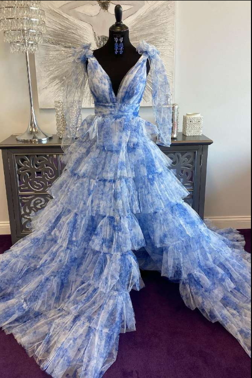 V-Neck Straps Tulle A-Line Tiered Party Prom Dress With Slit
