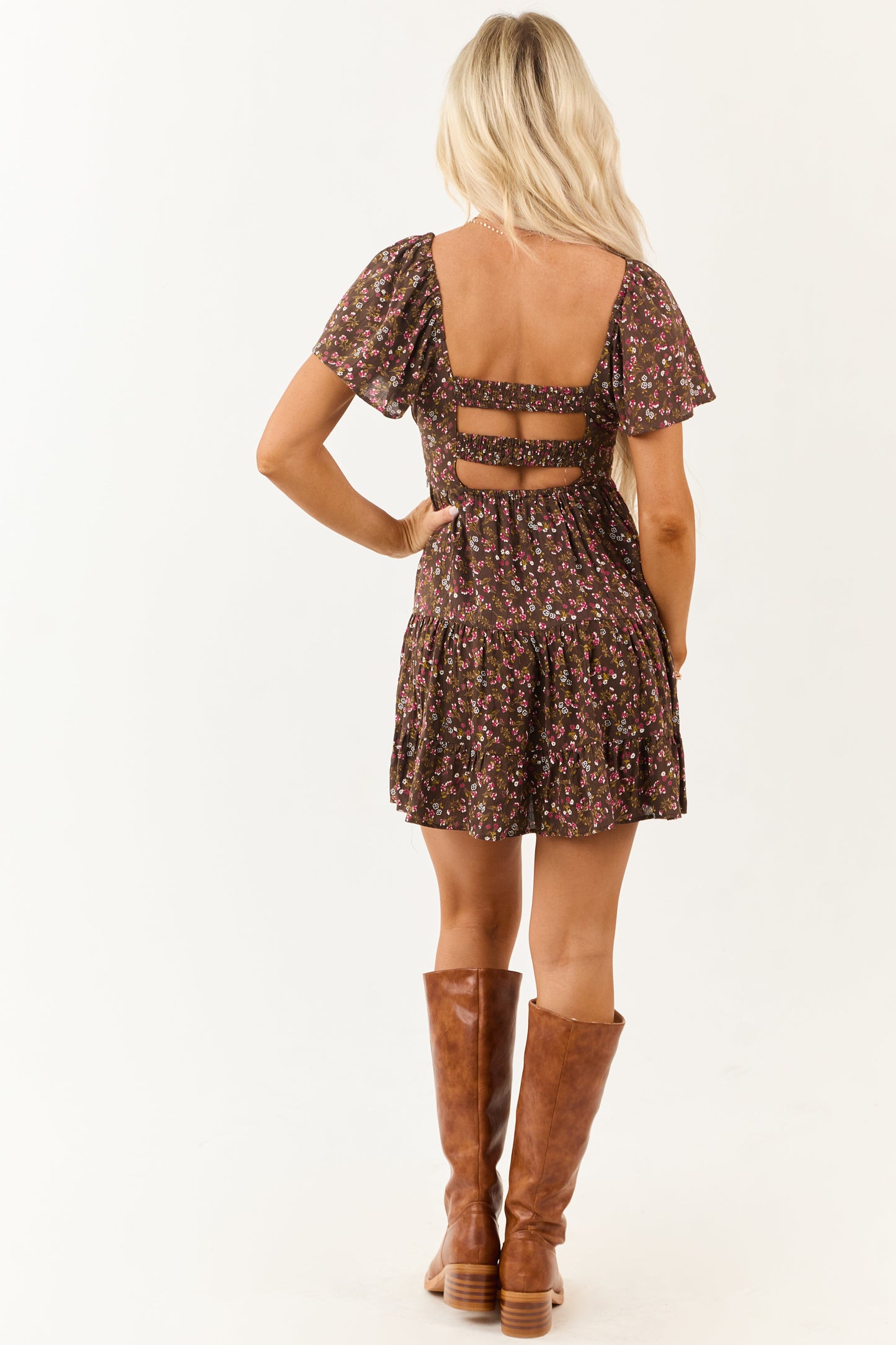 Walnut Floral Print Short Sleeve Mini Dress