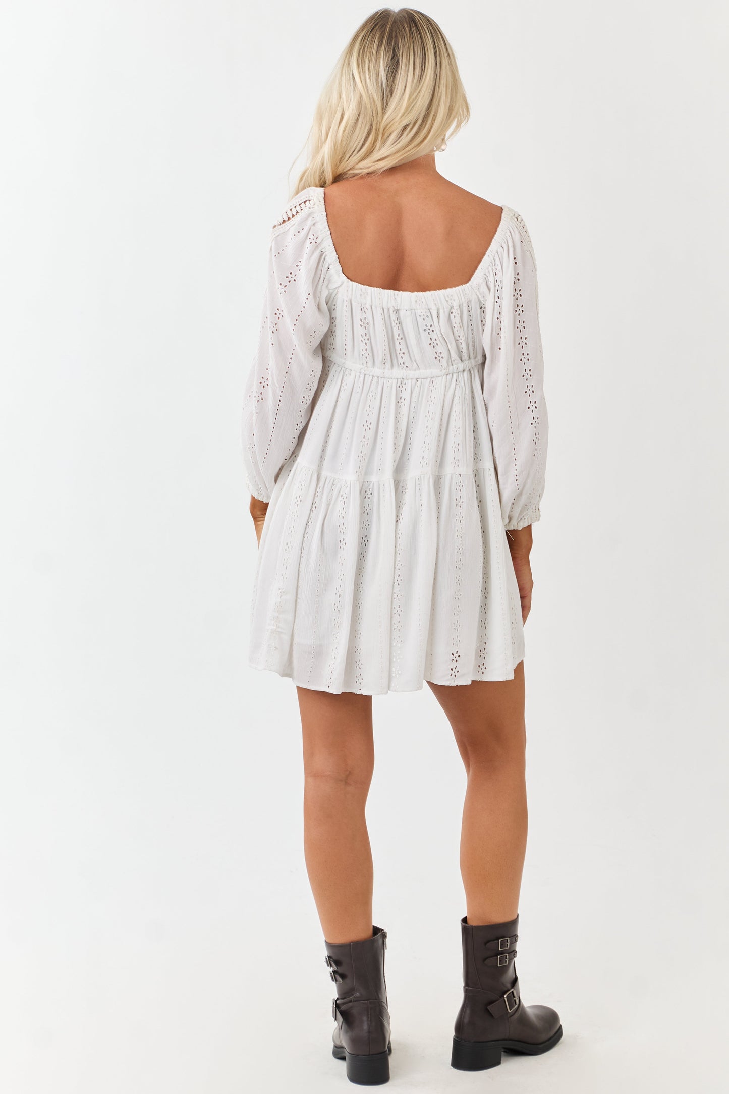 White Floral Eyelet 3/4 Puff Sleeve Mini Dress