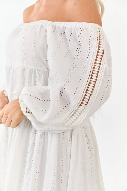 White Floral Eyelet 3/4 Puff Sleeve Mini Dress
