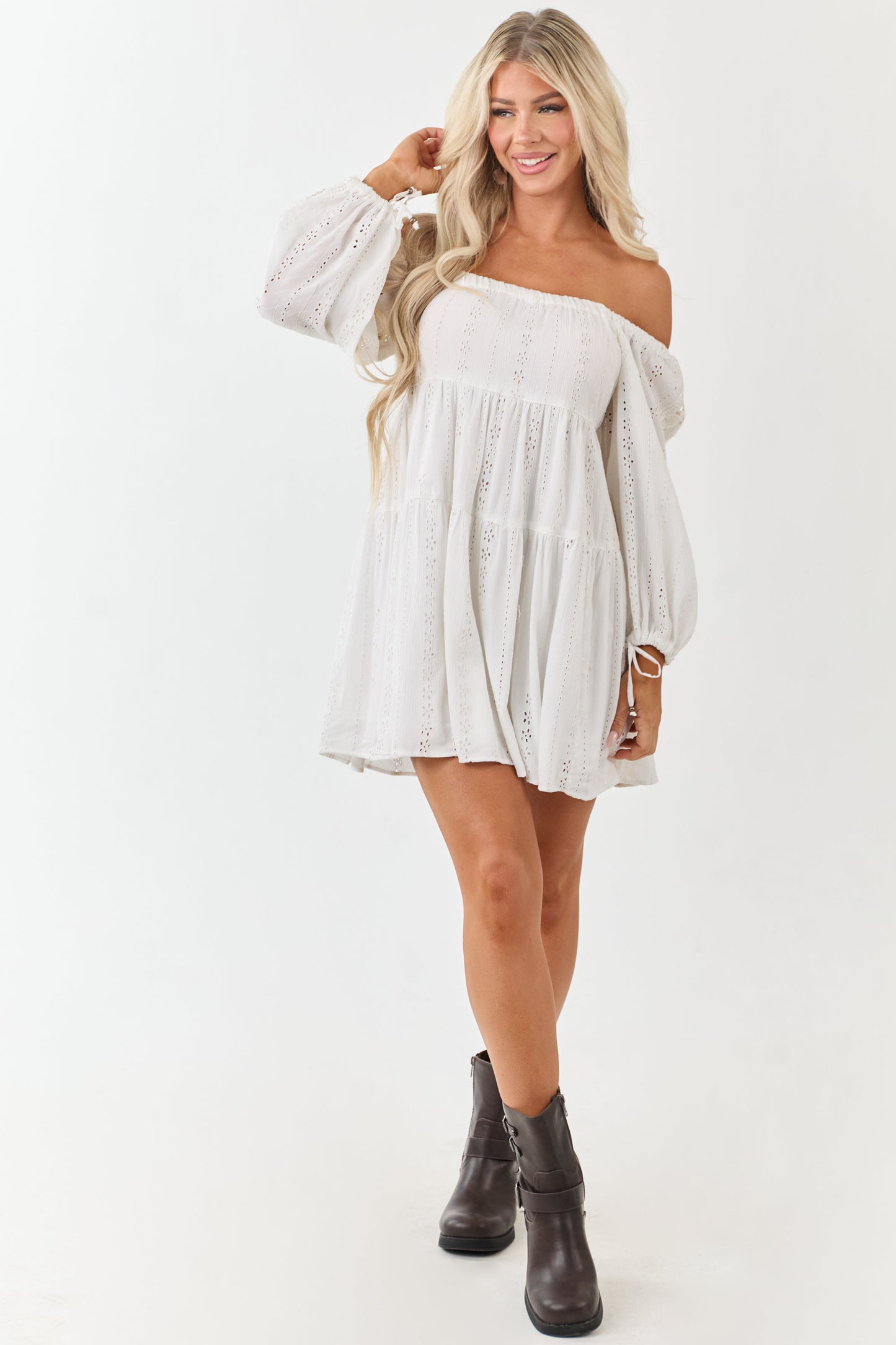 White Floral Eyelet 3/4 Puff Sleeve Mini Dress