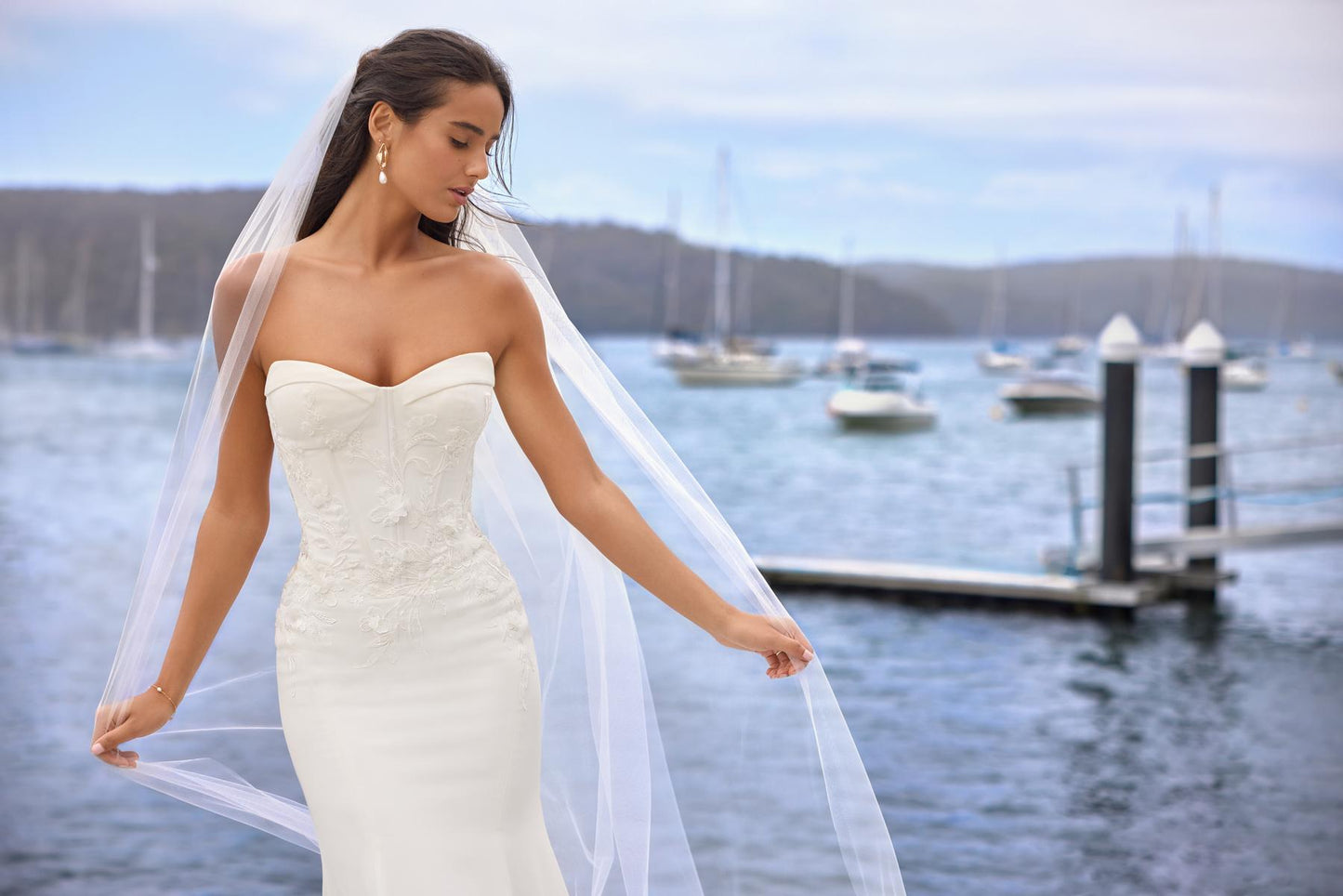 Sophia Tolli "Roxy" Crepe Sheath Bridal Gown with Lace Bodice