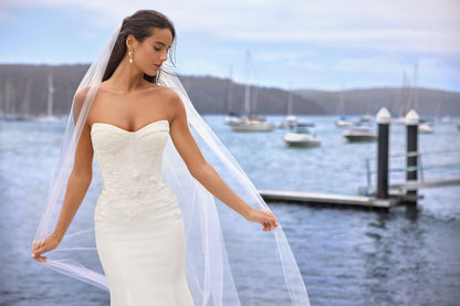 Sophia Tolli "Roxy" Crepe Sheath Bridal Gown with Lace Bodice