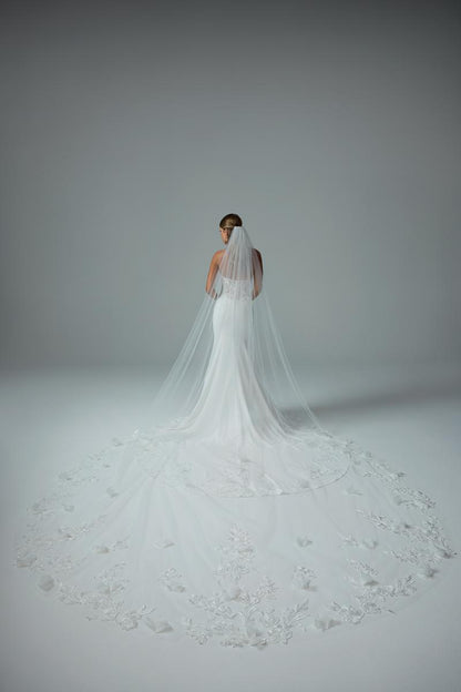 Sophia Tolli "Roxy" Crepe Sheath Bridal Gown with Lace Bodice