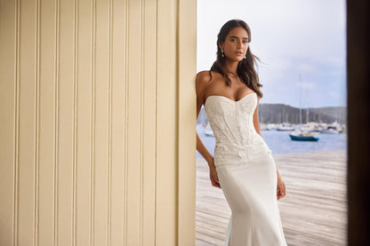 Sophia Tolli "Roxy" Crepe Sheath Bridal Gown with Lace Bodice