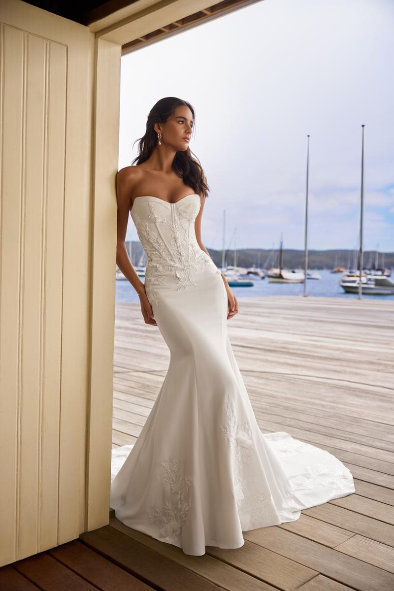 Sophia Tolli "Roxy" Crepe Sheath Bridal Gown with Lace Bodice