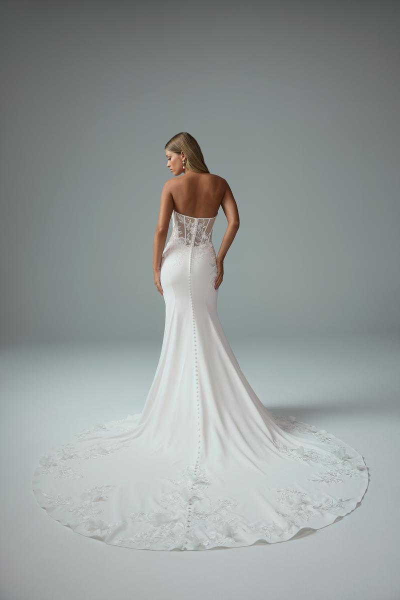 Sophia Tolli "Roxy" Crepe Sheath Bridal Gown with Lace Bodice