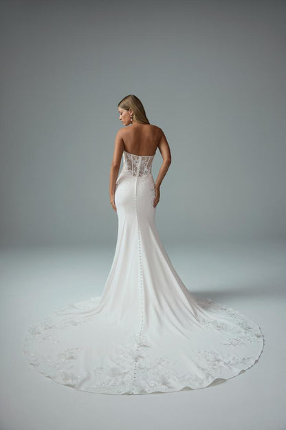 Sophia Tolli "Roxy" Crepe Sheath Bridal Gown with Lace Bodice