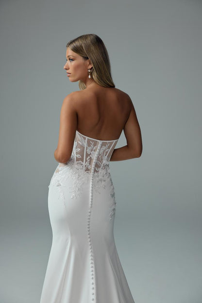 Sophia Tolli "Roxy" Crepe Sheath Bridal Gown with Lace Bodice