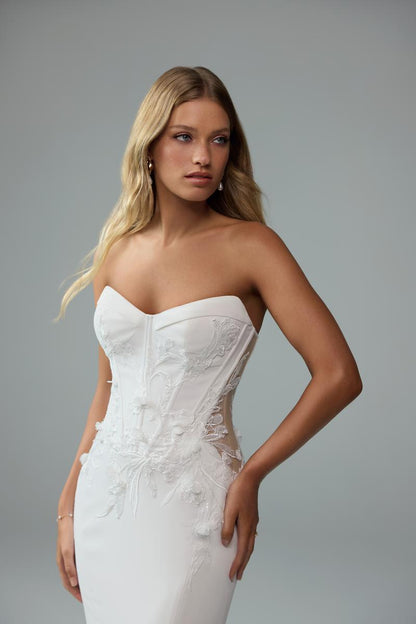 Sophia Tolli "Roxy" Crepe Sheath Bridal Gown with Lace Bodice