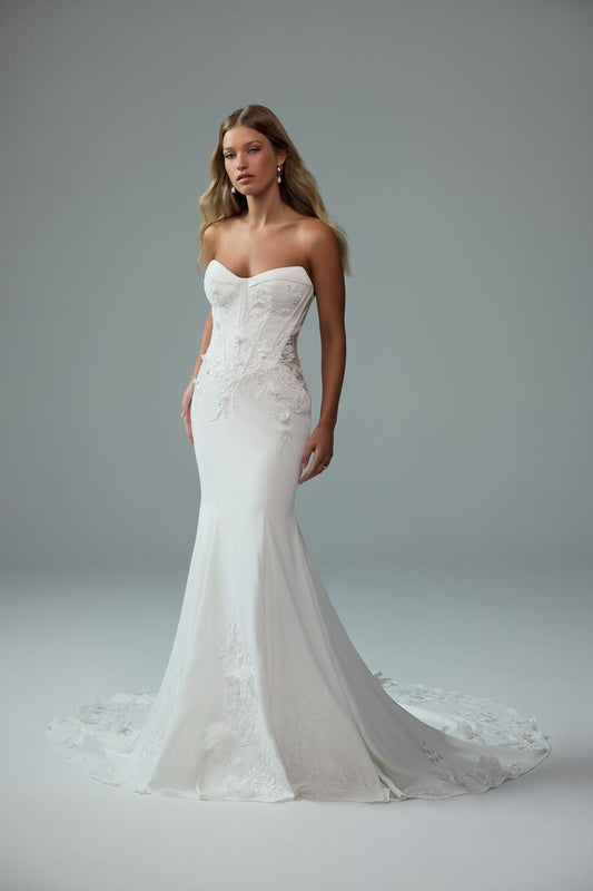 Sophia Tolli "Roxy" Crepe Sheath Bridal Gown with Lace Bodice