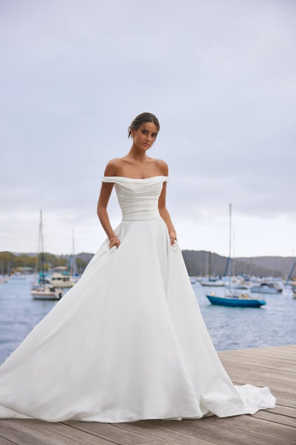 Sophia Tolli "Cecelia" Off Shoulder Satin Ballgown