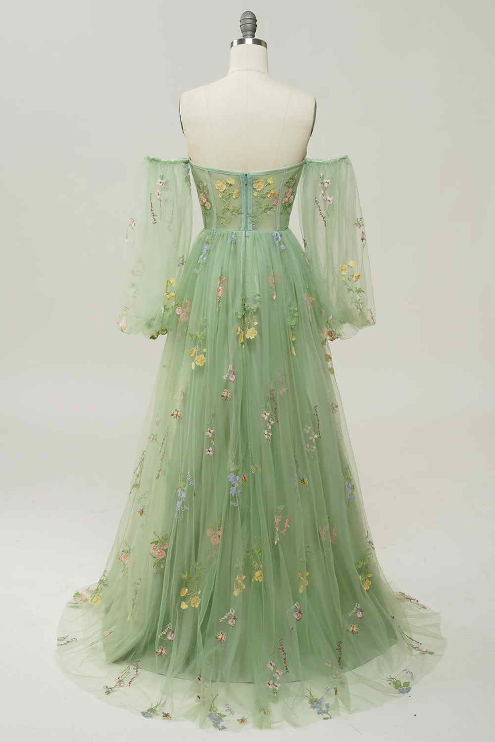 Dusty Sage A-line Off-Shoulder Long Sleeves Tulle Applique Long Prom Dress
