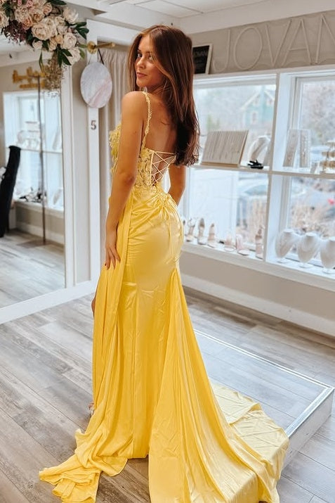 Yellow Satin Mermaid Sweetheart Sleeveless Appliques Party Prom Dress