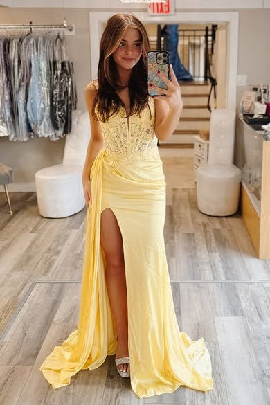 Yellow Satin Mermaid Sweetheart Sleeveless Appliques Party Prom Dress