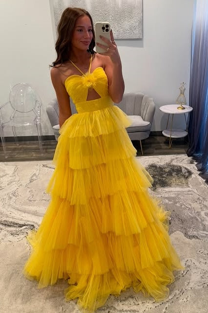 Yellow Tulle A-Line Halter Tiered Long Party Prom Dress