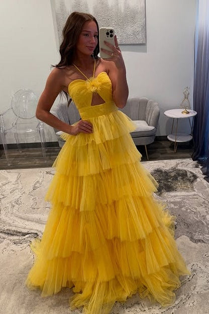 Yellow Tulle A-Line Halter Tiered Long Party Prom Dress