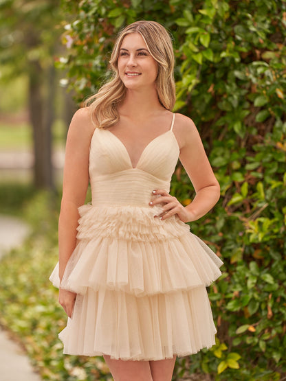Pink A-Line Deep V Neck Tulle Tiered Homecoming Dresses
