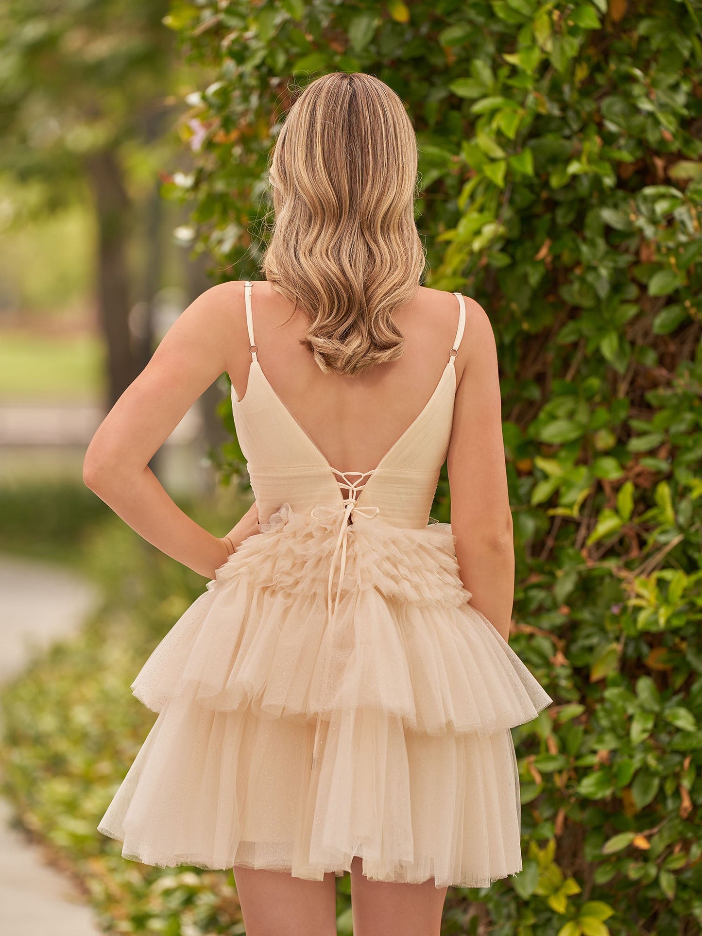 Pink A-Line Deep V Neck Tulle Tiered Homecoming Dresses