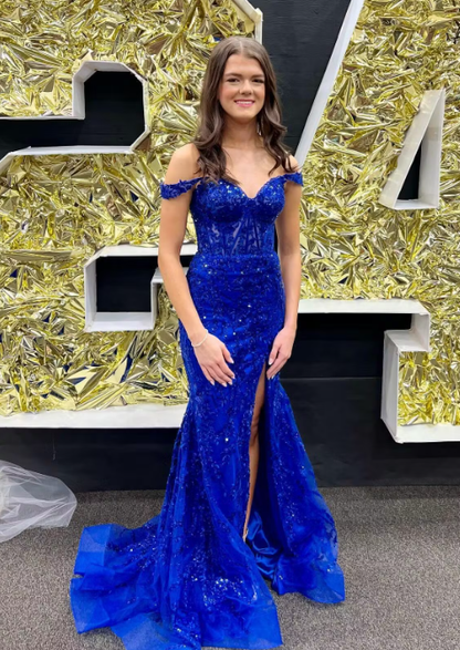 Gold Off-Shoulder Sequined Floral Mermaid Long Prom Dress with Slit