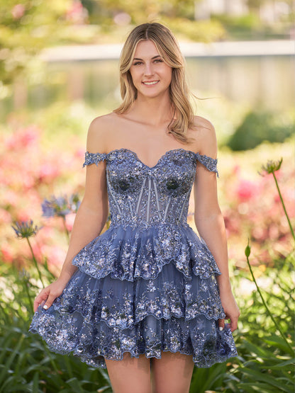 A-Line Navy Blue Sweetheart Tiered Short Homecoming Dress