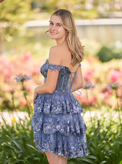 A-Line Navy Blue Sweetheart Tiered Short Homecoming Dress